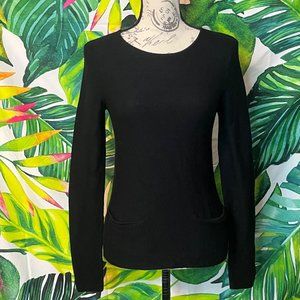 Ann Taylor Small Black Acrylic Merino Wool Inset Pocket Office Preppy Sweater